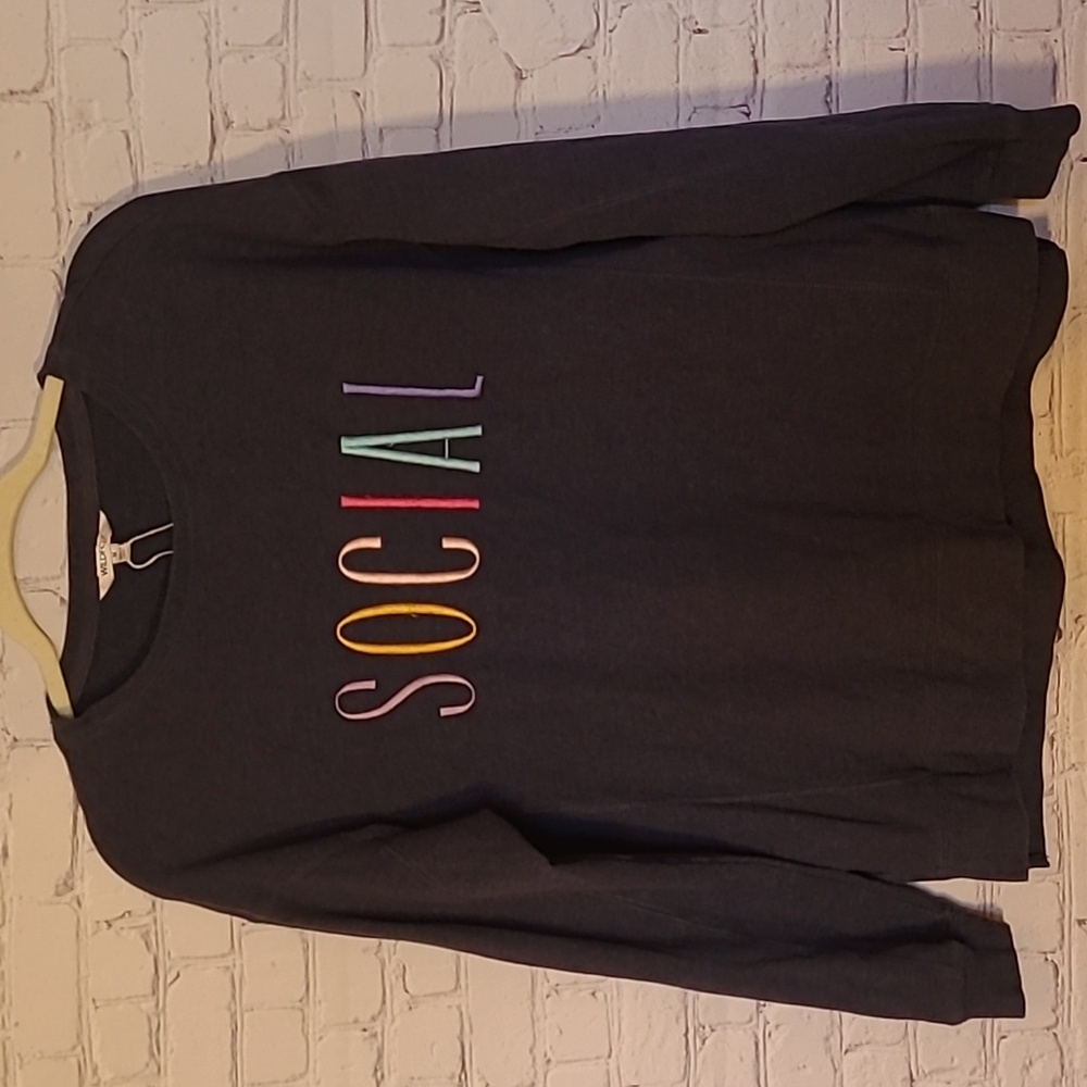 Wildfox SOCIAL Medium Blue Gray Statement Graphic Spellout Sweatshirt